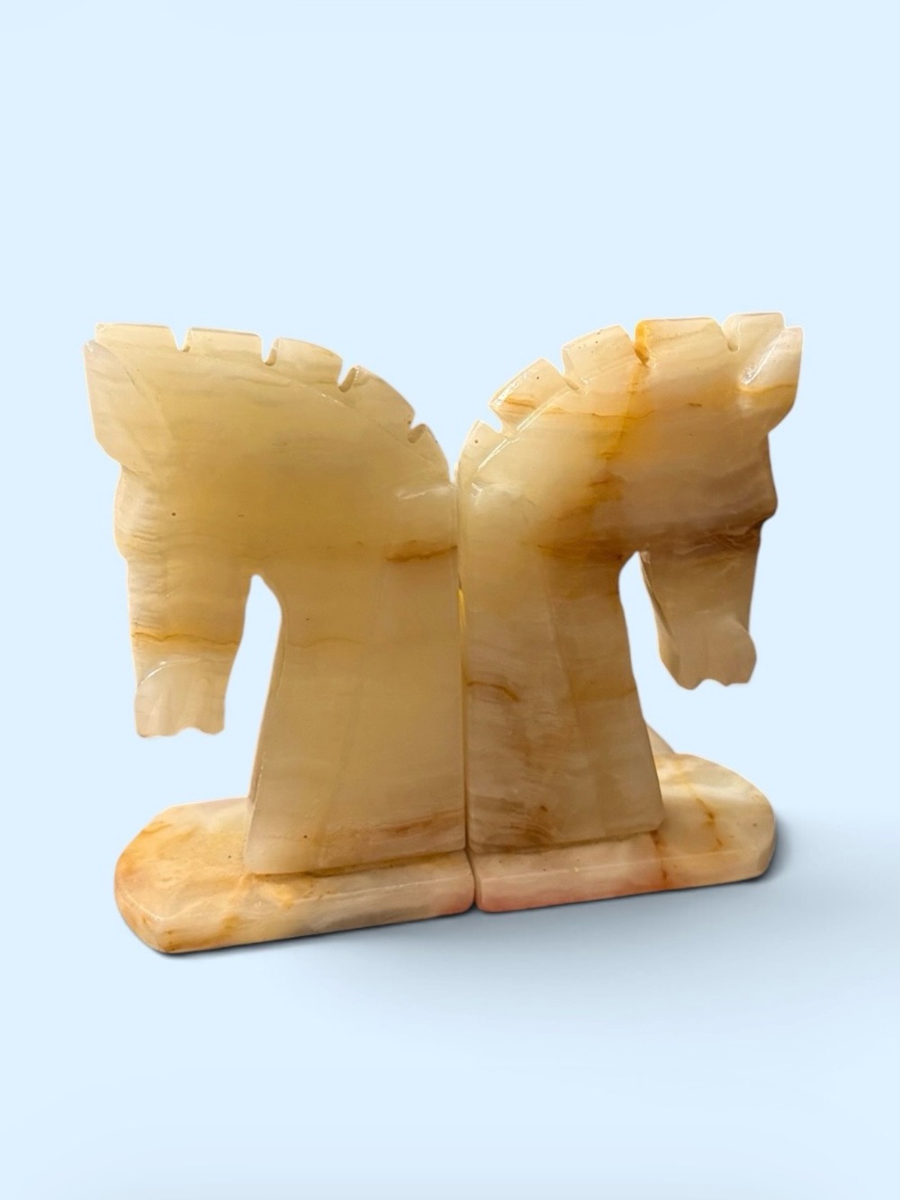 Vintage~Pair of Carved Onyx Marble Horse Head Bookends~Mid-Century ~Stone Decor